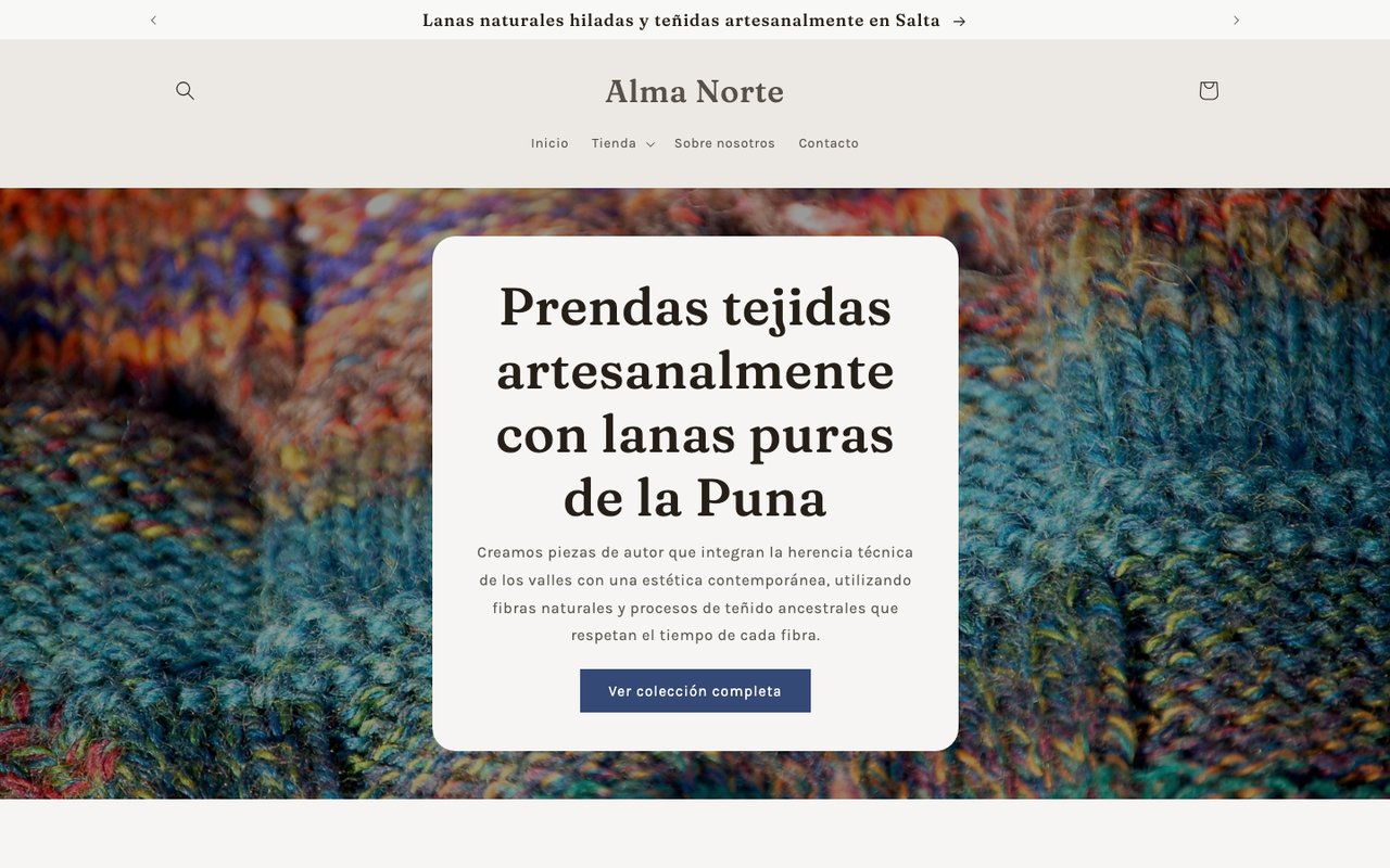 Tienda Alma Norte creada con Orbitienda: prendas tejidas, fotografía de lanas y acceso a la colección.